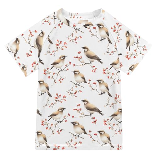 Rash Guard Bathing Suit Girls Short Sleeve Girls Rash Guard Top 3T Cartoon Cedar Waxwing Birds White