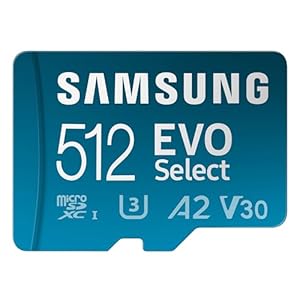 Samsung EVO Select – Tarjeta de memoria microSD + adaptador, microSDXC de 512 GB, hasta 160 Mbps, 4K UHD, UHS-I, C10, U3, V30, A2, celulares inteligentes, Nintendo Switch y tabletas (MB-ME512SA/AM)