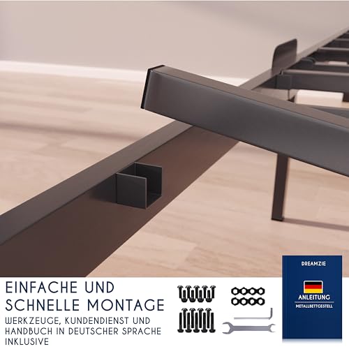 Dreamzie Bett 140x200 mit Lattenrost aus Metall - Bettgestell 140x200 für Matratze, Höche 35cm - Großer Stauraum, Leicht zu Montieren und Stabil - Schwarzer Lattenrost
