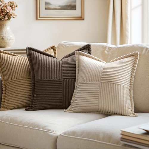 Image of MIULEE Decorative Throw Pillow Covers for Couch Bed Livingroom 20x20 Inch Set of 2 Dark Brown Boho Accent Throw Pllows Broadside Striped Patchwork Soft Corduroy Pillowcases