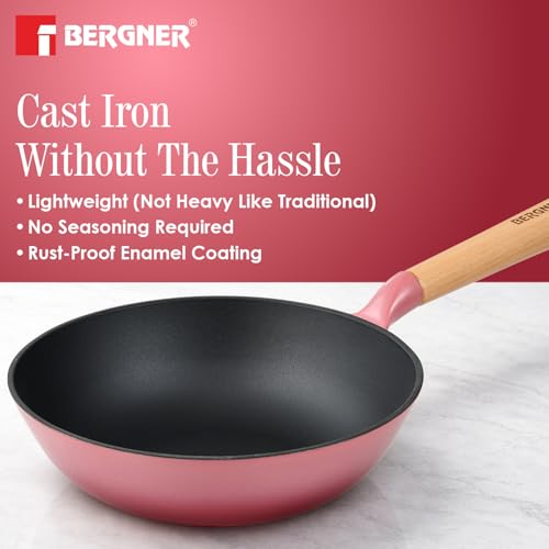 Image of BERGNER Excalibur Lightweight Cast Iron Wok 24cm (2L), Sturdy Wooden Handle, Non-Stick Coating, PFAS Free, Perfect Heat Distribution, Elegant Design - Induction and Gas Stove Ready (Pink)