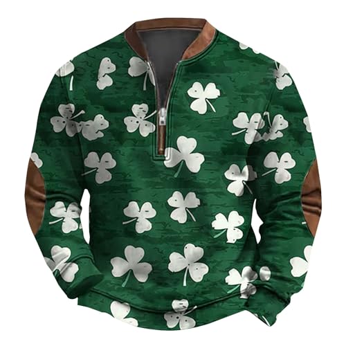 St Patricks Day Sweater for Men Shamrock Flag Print Zip-Up Sweatshirt Irish Clothes Pullover with Elbow Patches
