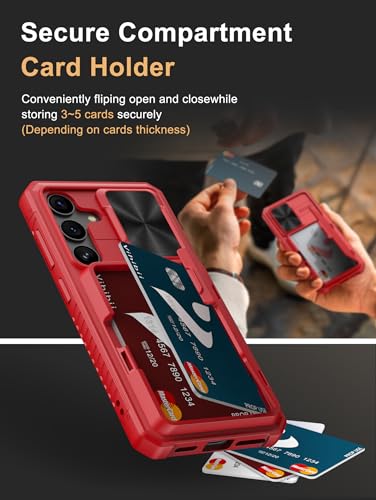 Image of Vihibii Polycarbonate For Samsung Galaxy S24 Back Cover With Card Holder (4 Cards) & Slide Lens Cover & Kickstand & Raised Edges Protect Screen,Shockproof Case For Samsung Galaxy S24 6.2 inch,Red