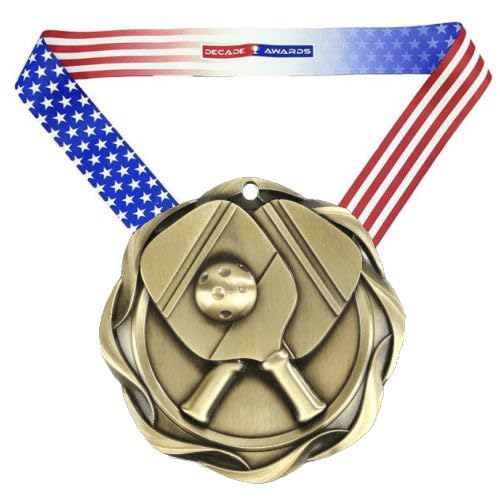 Decade Awards Pickleball Fusion Medal- Gold, Silver or Bronze | Pickle Ball Medal with Stars & Stripes Ribbon - 3 Inch Wide