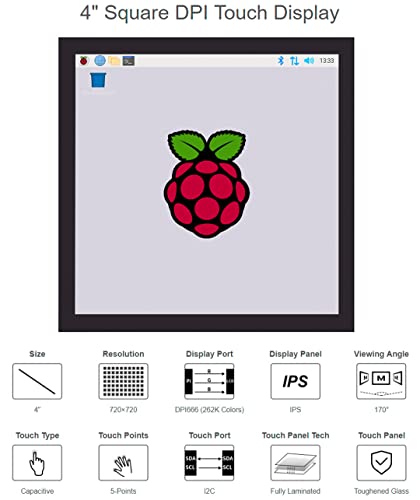 Image of waveshare 4inch DPI Touch Screen LCD (C) for Raspberry Pi 4B /3B+ /3B /2B /Zero /Zero 2 W /2 WH, 720x720 IPS Square Display Toughened Glass Cover Refresh Rate up to 60Hz