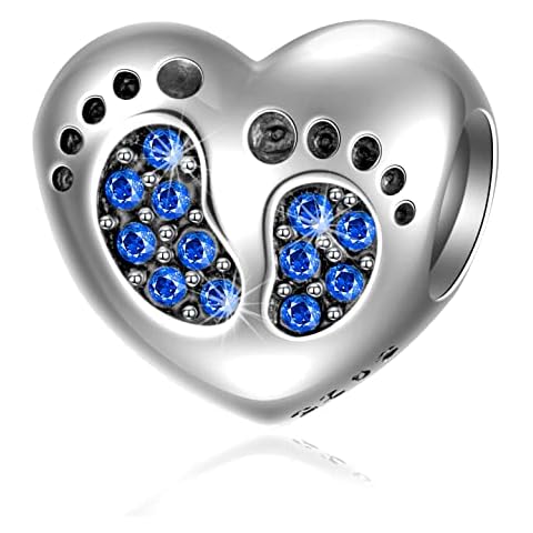 Baby Footprint Heart Charms - 925 Sterling Silver September Birthstone Crystals - Boy/Girl Birth First Foot Beads, Fit Pandora Mothers Day Bracelet, Birthday Stone Gift For Mum/Son/Grandson Cover
