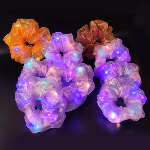 Light Up Scrunchies, Women Gifts Hair Ties Glow in the Dark Party Supplies Glow Sticks Party Favor Festival Rave Accessories for Neon Party, Fun Hair Scrunchies (9PCS-Purple Set)