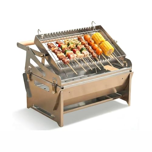 Parrilla giratoria de carbón con marco ajustable y bandeja extraíble, parrilla portátil para barbacoa al aire libre para patio, picnic, camping y cocina en el patio trasero