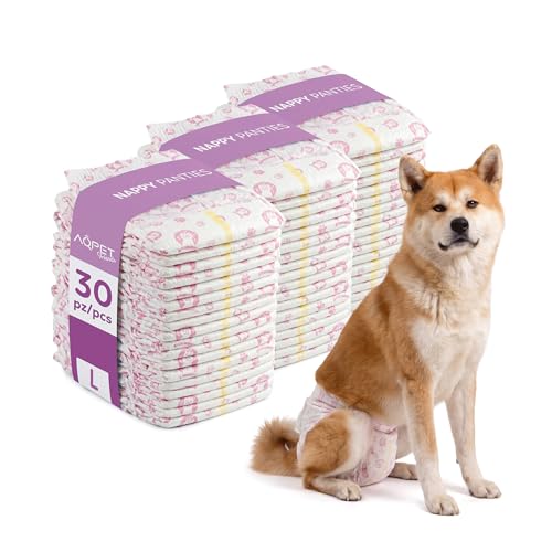 Aqpet Pannolini Igienici Mutanda Assorbente per Cani Femmine per Ciclo Incontinenza con Chiusura Adesiva Regolabile, Anti odore, Usa e getta, Taglia Large 520x320mm, Confezione da 30 Pezzi