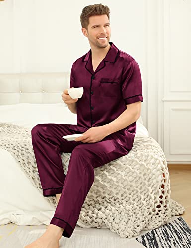 Image of SWOMOG Mens Satin Pajama Set Short Sleeve Classic Sleepwear Button Down Silky Loungewear with Long Pants Deep Wine Red Medium