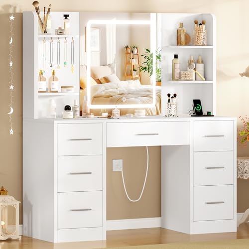 Image of FIONESO Large Vanity Desk with LED Lighted Mirror & Power Outlet, Makeup Vanity Table with 7 Drawers,4 Shelves and 5 Hooks, White Vanity for Bedroom, Bathroom
