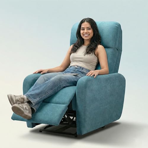 Image of EVA Manual Recliner Chair with Adjustable Headrest | Blue Boucle Fabric Upholstery | Ergonomic Single Seater Recliner for Living Room & Home Theater | 18 Months Warranty
