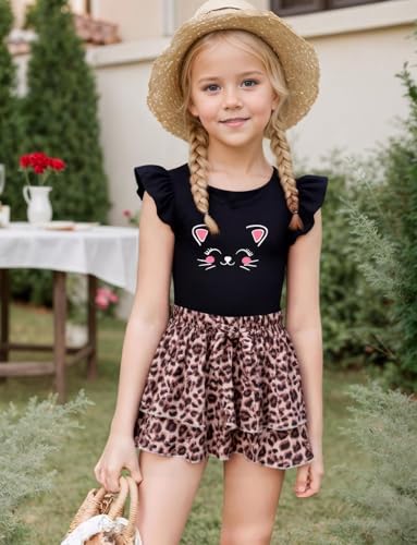 Image of Girls Skirt Set 2 Piece Outfit Toddler Summer Clothes Ruffle Sleeve T-Shirt Bow Knot Tutu Skirt Outfit Set