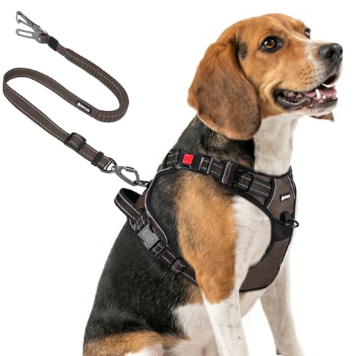 Joytale No Pull Dog Harness & Seat Belt, Easy On 3-Buckle, M, Brown