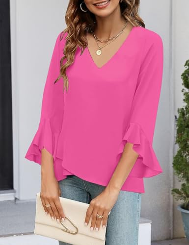 Relipop Womens Blouse Ruffle 3/4 Sleeve Tops V Neck Business Casual Blouses Shirts Spring Summer Outfits 20254