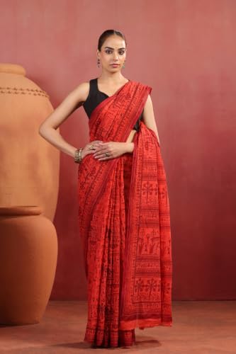 Image of TAMAIRA FASHION Off White Mulmul Pure Cotton Saree For Woman Warli Printed|Office Wear Daily Wear Sarees For Women Without Blouse Piece (Available in 21 Colours)