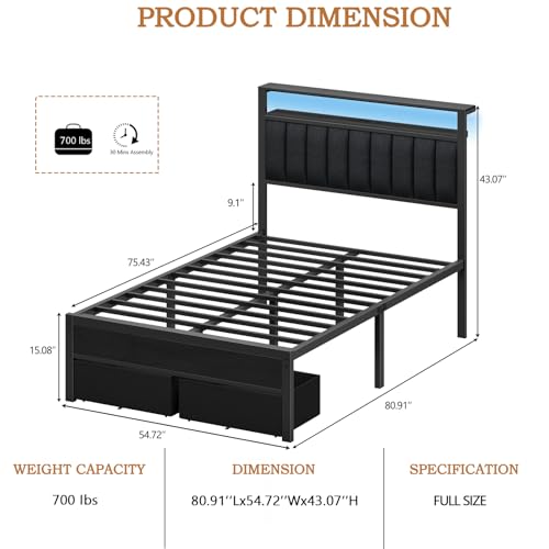 Image of Furnulem Full Size Bed Frame with Charging Station and LED Lights, Grey Upholstered Headboard with Shelves, Metal Platform Bed with 2 Under-Bed Storage (Fabric Drawer on Wheels), No Box Spring Needed