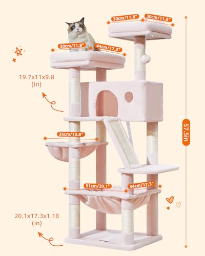Image of Taoqimiao Cat Tree 57.5-Inch, Cat Tower for Indoor Cats Large Adult, Extra Large Cat Condo, 8 Sisal Scratching Posts, Metal Frame Cozy Hammock, Durable Scratch Board, 2 Top Perches, Jelly Pink MS026P