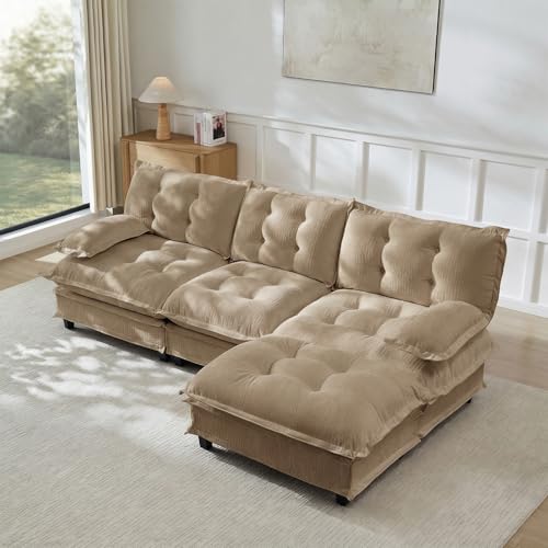 Image of 107 inch L-Shaped Sectional Couches for Living Room, Light Coffee 3 Seater Modern Chenille Deep Seat Sofa Set, Salas para Casa, High Back Cloud Couch Modular Sectional Sets with Ottoman