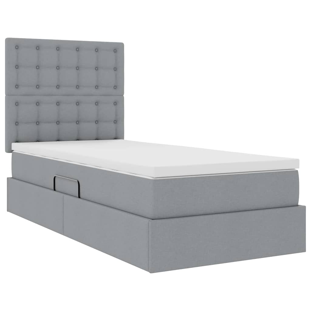 Moderno letto portaoggetti con materasso da 100 x 200 cm, illuminazione a LED grigio chiaro, telaio in metallo e rivestimento in poliestere, include materasso medio rigido e sistema di