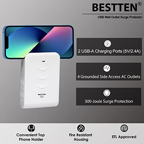 Bestten 2.4A Usb Wall Outlet Surge Protector With 4 Side-Entry Outlets, 300 Joules, 15A/125V/1875W, Top Cell Phone Dock Design, Etl Listed #TOP1