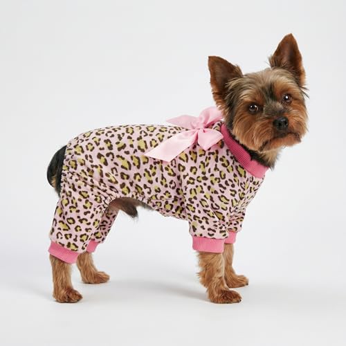 Image of Fitwarm Leopard Dog Pajamas, Fleece Dog Clothes for Small Dogs Girl with Legs, Pet Onesie, Cat Outfit, Pink, Large