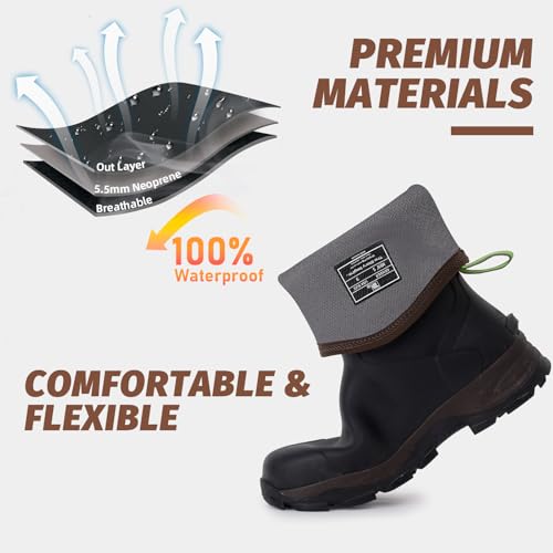 Image of Trudave Rubber Boots for Men with Steel Shank, Waterproof Mid Calf Mens Rain Boots, 5.5mm Neoprene Insulated Mud Work Boots for Garde