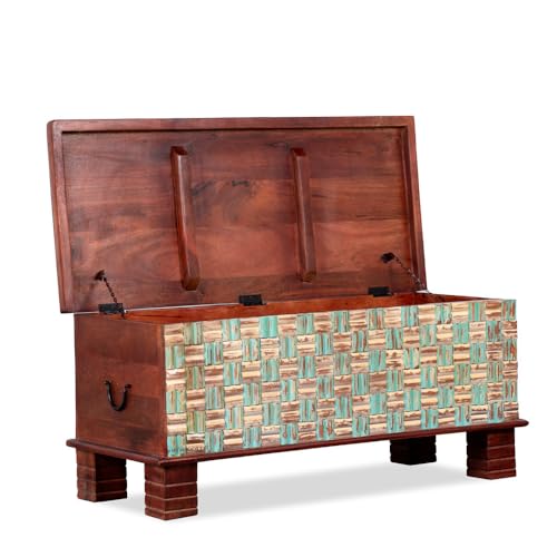 Image of Nivari Wooden Trunk Box for Storage | Solid Wood Coffee Table for Living Room | Handcrafted Center Tea Table with Sandook Storage for Living Room | Pitara for Home and Bedroom (Mahogany)