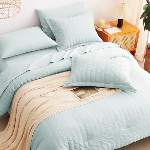 Image of CozyLux Queen Comforter Set Ice Blue, 7 Pieces Seersucker Textured Luxury Bed in a Bag Queen, All-Season Soft Bedding Sets with Down Alternative Comforter, Sheets, Pillowcases & Shams, Bedroom Bed Set