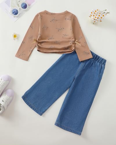 Image of Kucnuzki Toddler Baby Girl Clothes Long sleeve Fall Winter Shirt Tops Baggy Jeans Pants Set Kids Girls Outfits 2 Piece