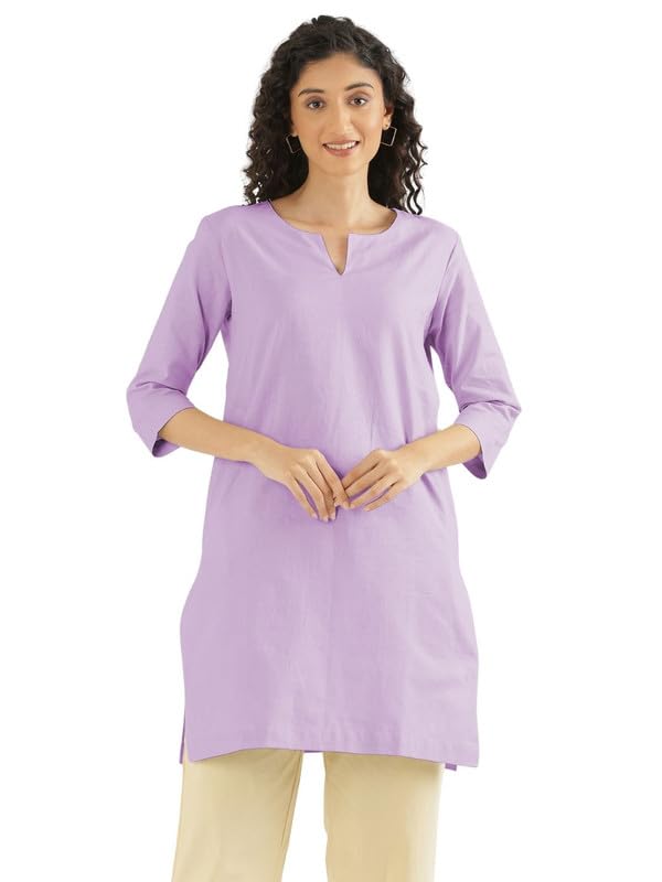 Image of SAADAA Airy Linen Mid Thigh Length Kurta for Women | Stylish Split Neck, 3 /4 Sleeves & Side Pockets | Comfortable Everyday Wear Kurta | Breathable Fabric |