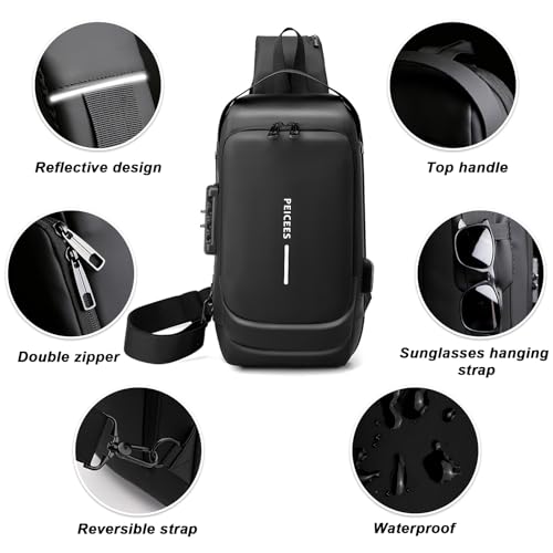 Peicees Mens Crossbody Bag Man Bags Mens Purse Anti-theft Sling Bag Shoulder Bag Chest Bag, Leather Black and Mini Dark Blue4