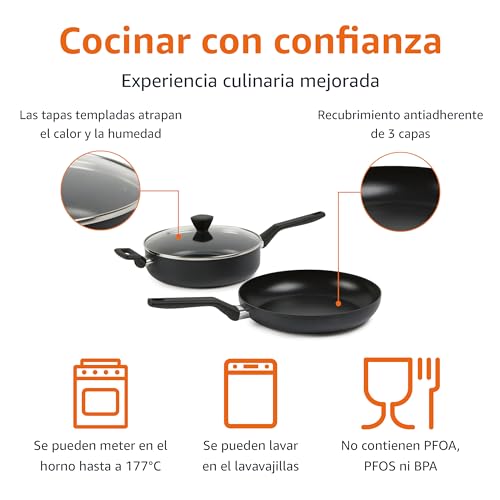 Imagen que muestra cacerolas y sartenes destacando su revestimiento antiadherente y características de uso, ideal para un cocinado seguro.
