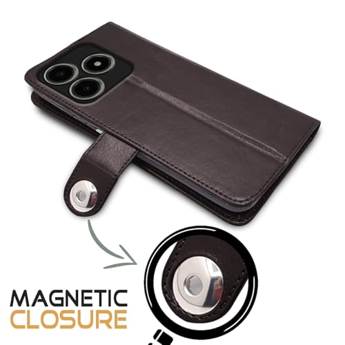 Image of Pikkme Flip Cover Leather Finish | Inside TPU with Card Pockets | Wallet Stand and Shock Proof | Complete Protection Button Flip Case for Realme C63 4G (Coffee)