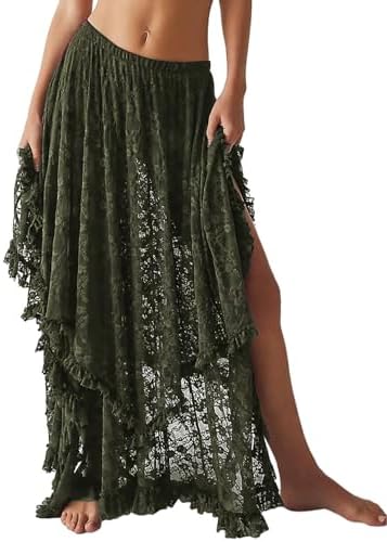 Yimoon Women's Floral Lace Long Skirts Elastic Asymmetrical