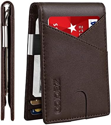 ZECICO Wallet Mens Slim Rfid Minimalist Bifold leather Card Holder Wallets Front pocket Small Smart Thin Travel RFID blocking Purse with money clip ID window Gift Box (Classic Brown)