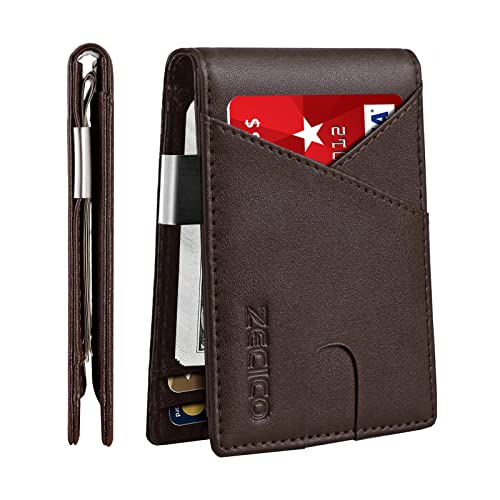 Zecico Wallet Mens Slim Rfid Minimalist Bifold Leather Card Holder Wallets Front Pocket Small Smart Thin Travel Rfid Blocking Purse With Money Clip Id Window Gift Box (Classic Brown) #TOP23