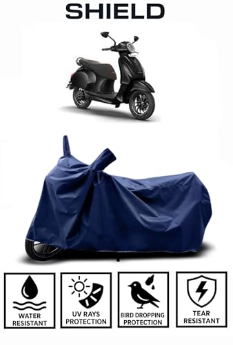 Image of Shield Heavy Duty Scooty Cover for Bajaj Chetak | All-Season, Tear-Proof Fabric | with Side Mirror Pocket & Buckle Belt | Bajaj Chetak Scooty Cover (Blue)