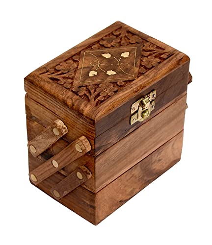 Image of Antlantic wood store Wooden Jewellery Keepsake Celtic Box with 3 Expendable for Women Wooden Flip Flap Flower Carved Design Handmade Gift