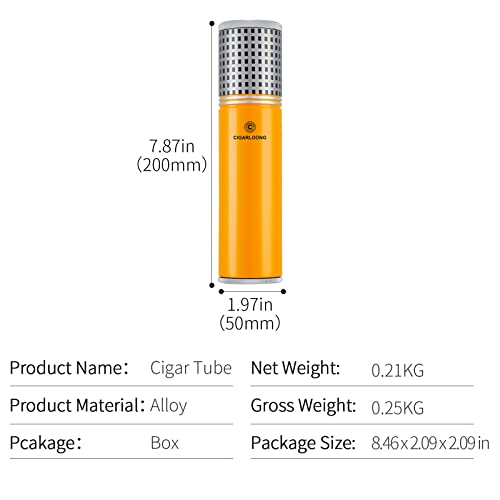 Cigar Travel Humidor For 3 To 4 Cigars Stainless Steel Portable Travel Cigar Tube Built In Hygrometer & Humidifier, Yellow #TOP3