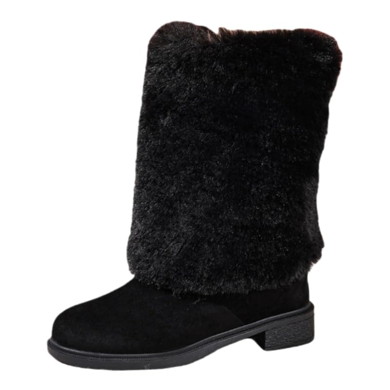 Womens fashionable mid-calf boots with thick heels and large round toes They are warm and comfortable and suitable