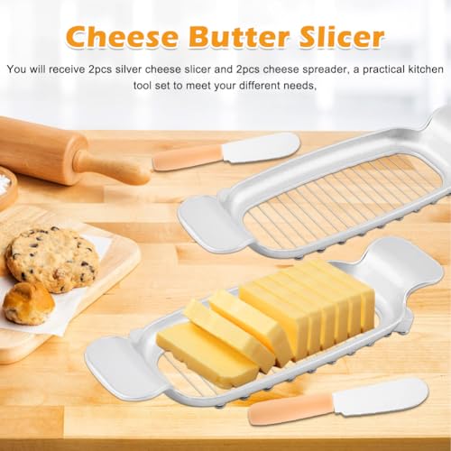 2 Pcs Butter & Cheese Slicer,with Cheese Spreader Stainless Steel Butter Slicers Tool Handheld Cutter Margarine Slicer Cut Into 1/4 Inch on Average for Fruit Margarine(COLOR:Silver)