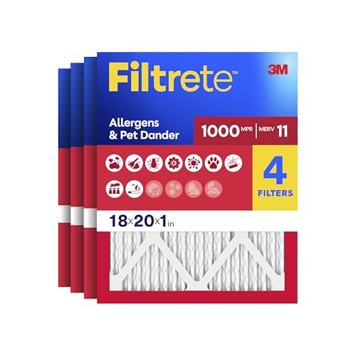 Filtrete 18x20x1 Air Filter MERV 11 MPR 1000 Allergens & Pet Dander 3-Month AC and Furnace Filters Cleaner Air Reliable Airflow 4 HVAC Filters (Actual Size 17.68 x 19.68 x 0.81 in)