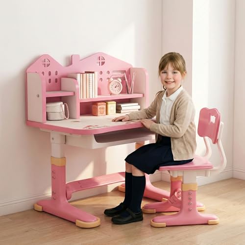 SwiftPath Ensemble de bureau pour enfant réglable en hauteur avec chaise, bureau d'apprentissage ergonomique pour enfant, bureau avec tiroir et plan de...