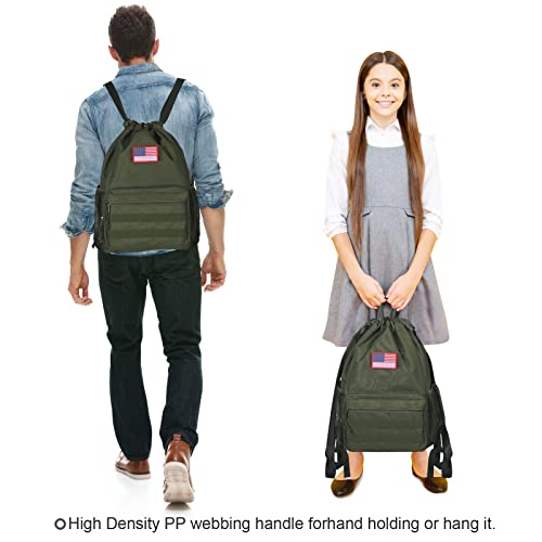 Atripack Tactical Drawstring Backpack, Water-Resistant Swim Bag String Bag Sandproof Beach Backbag American Flag Cinch Sack Bookbag For Men Women Basketball,Swim, Gym, Sports（Green #TOP6