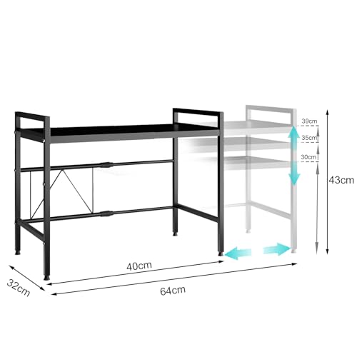 Mointal Ausziehbares Mikrowellenregal, 2-Stufig Küche Mikrowelle Stand Regal, Kohlenstoffstahl Mikrowelle Halter, Länge Verstellbar Küche Aufbewahrung Organizer mit 8 Haken, Weiß