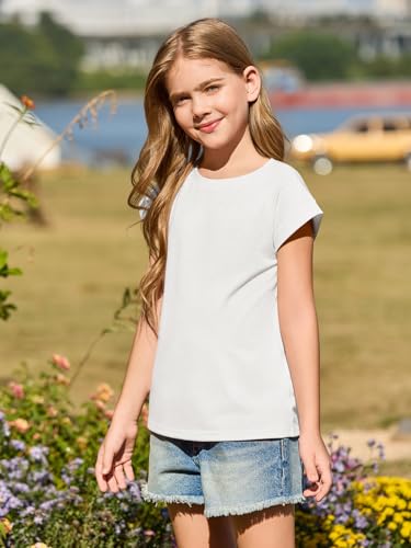 Haloumoning Girls Cap Sleeve T Shirts Kids Summer Crewneck Solid Tops Tees 5-14 Years4