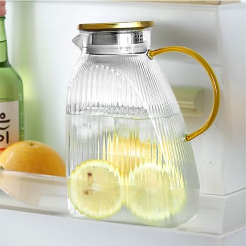 Glass Pitcher with Stainless Steel Gold Lid - 1.8L Ideal Fridge Door Water Pitcher for Hot or Cold...