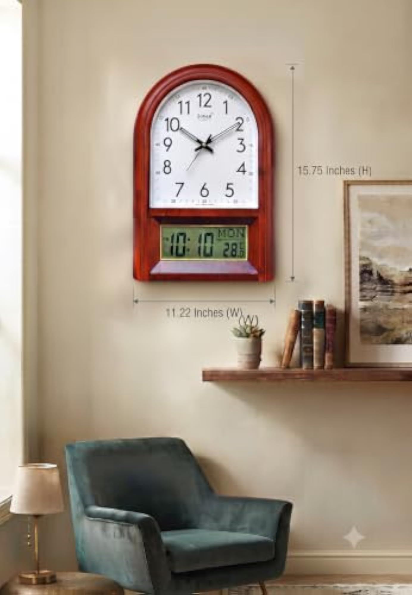 Arch-Shaped Brown Wood Wall Clock with Digital LCD
