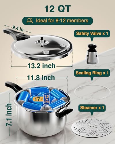WantJoin Pressure Cooker, 12 Quart Stainless Steel Pressure Canner, Induction Compatible Cookware with Spring Valve Safeguard Devices,Compatible with Gas & Induction Cooker